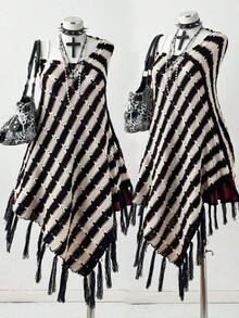 Sunspun Plus Size Women's Y2K Style Casual Black & White Striped Handmade Tasseled Knit Poncho Sweater, Suitable For All Seasons, Ideal For Vacation Outfits Fall Winter Cloth For Women Autumn
