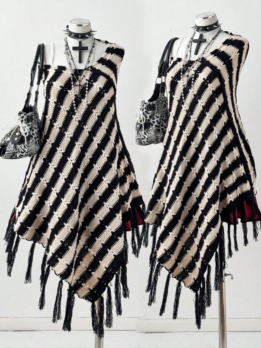 Sunspun Plus Size Women's Y2K Style Casual Black & White Striped Handmade Tasseled Knit Poncho Sweater, Suitable For All Seasons, Ideal For Vacation Outfits Fall Winter Cloth For Women Autumn