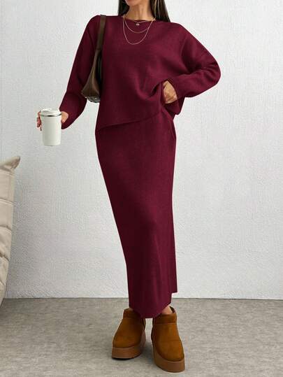 SHEIN Tall مجموعة قطعتين من كنزة بأكمام طويلة وتنورة طويلة للنساء الطويلات