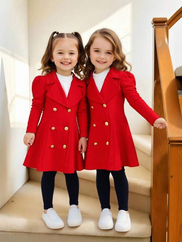 Emery Rose Kids Emery Rose Kids 年轻女孩精致纯色翻领双排扣收腰修身外套，适合通勤和户外穿着，春秋冬