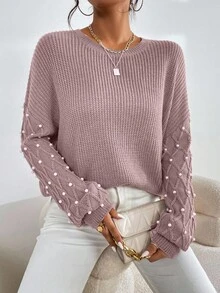 EURMUSE Casual Minimalist Crew Neck Loose Fit Long Sleeve Pullover Sweater For Women - Dusty Pink - View 7