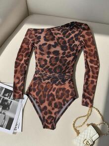 Franclia Women's Fashion Leopard Print Mesh Sheer Shoulder Long Sleeve Bodysuit - Multicolor - View 8