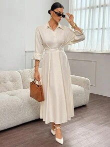 SHEIN Tall 女士米色休闲长腰收腰衬衫裙，优雅百搭，适合聚会、日常穿着和通勤 - 米色 - 查看 4