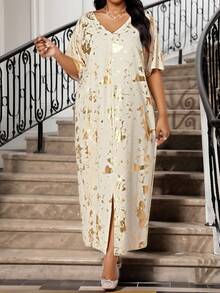 SHEIN Lady 春夏秋冬优雅派对通勤办公室彩色编织缺口舞会礼服短袖卡夫坦连衣裙大码连衣裙 - 彩色 - 查看 6