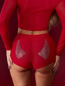 MISSGUIDED مجموعة قطعتين من الأعلى القصير والسروال القصير مع تفاصيل من الراين ستون وأحذية طويلة حتى الفخذ للهالوين وعيد الميلاد - الأحمر - مشاهدة 5