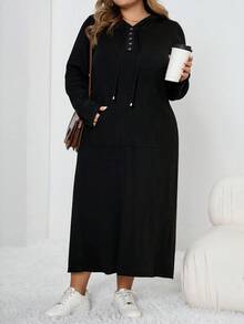 SHEIN CURVE+ Black Hooded Long Sleeve Button Collar Fitted Sweatshirt Dress, Casual All-Match Pocketed Sweatshirt Dress For Autumn/Winter - Black - View 4