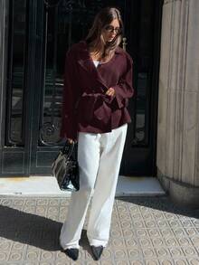 Aloruh 酒红色女士休闲宽松中长款风衣，秋冬季款，红色风衣，宽肩长袖风衣，复古风格，基础纯色风衣，优雅休闲，适合新年、圣诞节、秋季等各种场合。 - 中紫紅色 - 查看 3