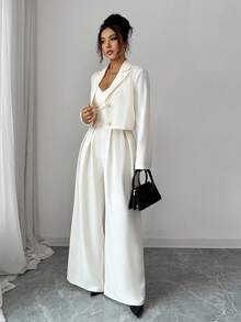 Elenzga New Women's Woven Fabric Spaghetti Strap Backless Adjustable Strap Wide Leg Jumpsuit With Notched Collar Long Sleeve Jacket, Commuter Versatile Elegant Young Lady 2 Pieces Set, Autumn/Winter - Apricot - View 6