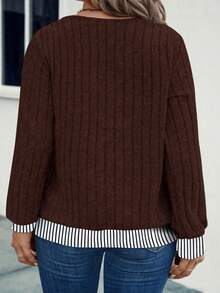 EMERY ROSE Damen Große Größen V-Ausschnitt Gerippter Kontrastbesatz Weicher Gerippter Strick Sweatshirt, Herbst/Winter