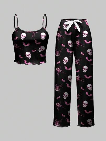 Skeleton Cross All-Over Print Halloween Gothic Sleeveless Jumpsuit Loungewear Set