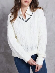 Jouncy Suéter casual de mujer con cuello de contraste de color, otoño/invierno - Beis - Ver 3