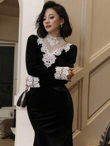 DAZY 女士优雅蕾丝拼接中长款派对礼服，秋季舞会嘉年华礼服 - 黑色 - 查看 3