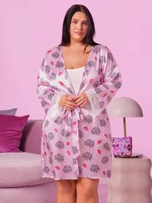 Mean Girls | SHEIN Bata elegante de talla grande con contraste de encaje, estampado de letras y labios, con cinturón, para otoño, atuendo acogedor - Rosa - Ver 4