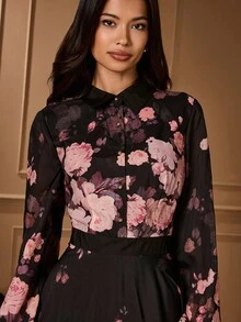 Lilora 女士休闲通勤花卉印花连衣裙秋季女士服装优雅端庄办公室工作、活动、日常、度假女士花卉中长连衣裙优雅花卉连衣裙女士优雅长袖花卉连衣裙长袖优雅连衣裙花卉长袖连衣裙 - 彩色 - 查看 7