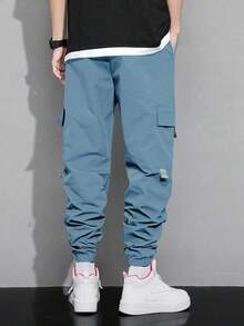 Claim Dot 宽松男士卡通印花翻盖口袋街头风工装裤，秋季 - 藍色 - 查看 2