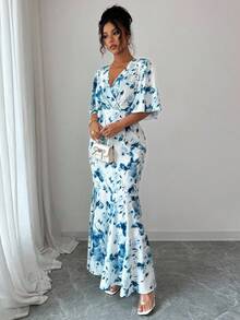 Selianne 肘长荷叶边下摆交叉V领春夏度假扎染花卉法式优雅修身鱼尾腰显瘦复古奢华女士百搭长裙