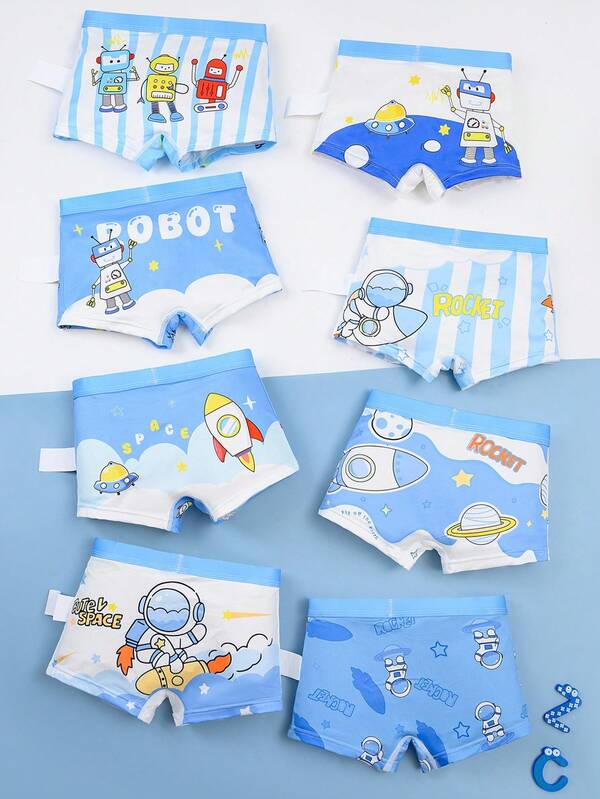 8pcs/Pack Young Boy Cartoon Letter Print Boxer Briefs Boys Underwear Cotton Boys Underwear Boxer Briefs Robot Underwear Boys Rocket Underwear Boys Baby Boy Boxers
