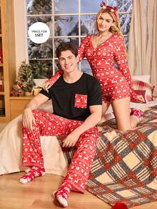 SHEIN Christmas Print Pocket Short Sleeve Pants Pajama Set For Men Christmas Pajamas Couple Christmas Pj Red Pj Set