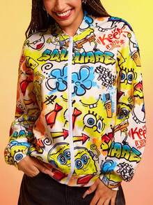SpongeBob SquarePants | SHEIN Chaqueta casual de manga larga con cremallera y estampado de dibujos animados para mujer - Amarillo - Ver 4