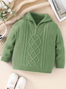 SHEIN Young Boy's Loose Fit Collared Long Sleeve Pullover Sweater Fall Winter - Green - View 3