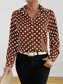 RosyDaze 女士波尔卡圆点缎面长袖单排扣优雅衬衫 - 棕色 - 查看 5