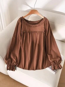 CosyJoli Plus Size Women Frill Trim Round Neck Long Sleeve Casual Brown Shirt, Versatile For Daily Wear/Fall/Winter - Brown - View 3