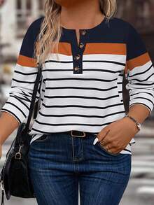 EMERY ROSE 大码女式休闲拼色条纹印花图案T恤 - 彩色 - 查看 1