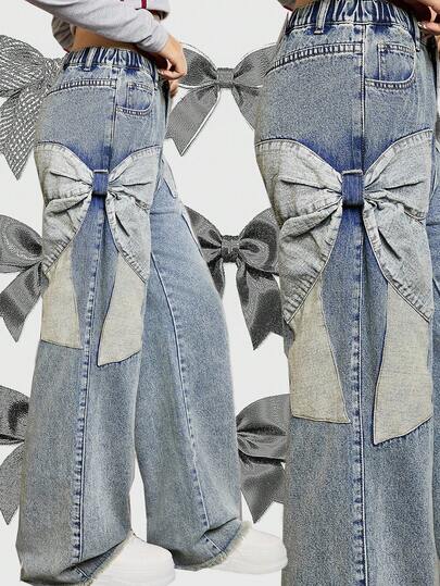 Sparklyn Teen Girls Baggy Jeans Stylish 3D Bow Design Washed Casual Wide Leg Pants, Suitable For Daily Wear Baggy Jeans Y2k Oversized Jeans Patchwork Jeans Baggy Girls Jeans Wide Leg Jeans 
Halloween Christmas Fall Winter Autumn Y2k  Goth Cotton Streetwear Boho Vacation 2000s Style Kawaii Casual College Butterfly University Hippie Dark Academia Chic Date Night Fashion Aesthetic
