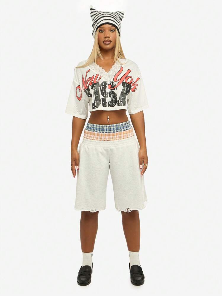 SUMWON WOMEN Cropped Mesh Graphic Tee With Lace Trim
