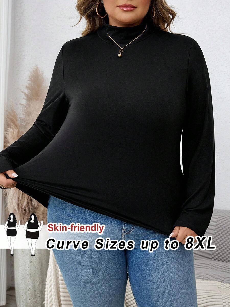 SHEIN CURVE+ 纯色罗纹修身立领针织保暖T恤