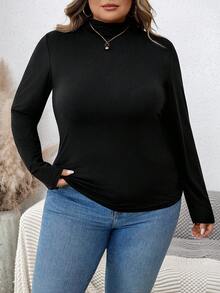 SHEIN CURVE+ 纯色罗纹修身立领针织保暖T恤