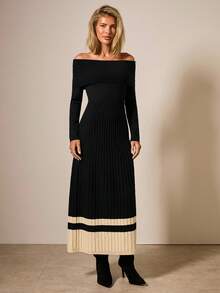 COSMINA 女士优雅露肩撞色毛衣裙，适合通勤，秋冬季 - 彩色 - 查看 3