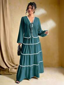 SHEIN Tall Plus Size Women Woven Textured Long Sleeve Cardigan With Tie Belt, Contrast Ruffle Hem Design, Elastic Waist Maxi Skirt, French Elegant Romantic 2 Pieces Set Teal Blue Dress Women Bohemian Dresses For Women Green Maxi Dress Women Tiered Maxi Dress Long Sleeve Summer Dresses