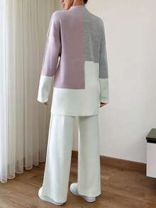EURMUSE Plus Size Women Colorblock Sweater & Solid Color Wide Leg Sweater Pants Set Knit Two Piece Set Two Piece Set Women Comfy Two Piece Lounge Set Comfortable Two Piece Set Sweater Sets For Women - Multicolor - View 4