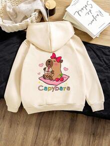 Sudadera con capucha casual y linda para niñas con estampado de corazón y lazo de capibara, para otoño/invierno - Caqui - Ver 4