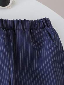 SHEIN Vintaside Kids 4-7 岁男童春秋衬衫套装，米色和棕色领扣长袖开衫上衣和条纹裤套装，返校校服，四季皆宜 - 藏蓝色 - 查看 7