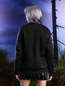 Corpse Bride X SHEIN 女式休闲深色字母与卡通人物图案落肩宽松套头衫 - 黑色 - 查看 2