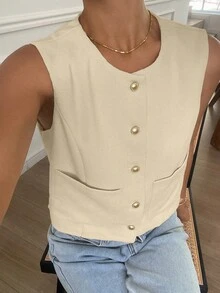 Livesso Women Solid Color Round Neck Sleeveless Fitted Jacket,Fall Clothes - Beige - View 7