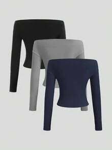 Sweetra Bộ 3 áo crop top dài tay trễ vai phối đồ cho nữ, thoải mái, thân thiện với da, dáng ôm - Nhiều màu - Xem 2