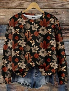 EMERY ROSE Plus Size Women Vintage Brown Maple Leaf Print Sweatshirt, Autumn Fall Top Winter - Multicolor - View 1