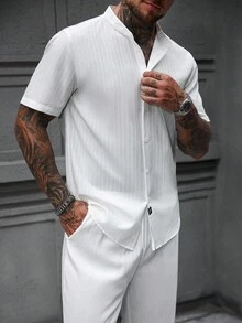 Manfinity Homme 男士两件套，男士衬衫套装男士白色两件套裤子套装男士两件套，男士休闲装和极简主义百搭，适合日常通勤旅行男士两件套服装白色 - 白色 - 查看 5