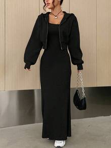 Girlism 少女拉链连帽夹克吊带裙 - 黑色 - 查看 4