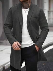 Manfinity Homme 男士纯色口袋纽扣长袖大衣，秋冬款 - 深灰色 - 查看 3