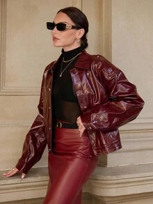Lavishia 女士闪亮通勤夹克，秋季时尚 - 酒紅色 - 查看 8