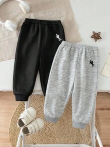 SHEIN 2Pcs Newborn Baby Girl Winter Casual Grey Fleece Long Pants Set,Small Horse Embroidered Elastic Waist Back-To-School School Trousers,Buy One Get One - Multicolor - View 3