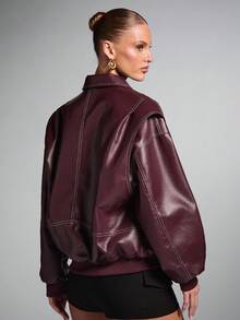 SHEIN BAE Women's Solid Color Long Sleeve Zip-Up Collar Casual PU Leather Jacket, Autumn, Women Leather Jacket, Burgundy Leather Jacket, Oversized Leather Jacket,Fall - Burgundy - View 2