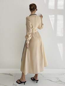 Siren Gaze 优雅休闲女装秋季秋装女装冬装，2025新款奢华老钱风格亚麻连衣裙，条纹长袖单排扣系带衬衫裙，杏色配黑色饰边，适合工作、派对、婚礼嘉宾、海滩、圣诞节、感恩节、万圣节、新年 - 杏色 - 查看 5