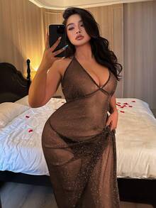 Dazy Plus Mesh Sheer Long Camisole Lingerie - Champagne - View 3