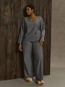 EMERY ROSE Conjunto de 2 piezas de top de manga larga con cuello redondo y pantalones a rayas verticales, talla grande, adelgazante, casual, versátil, para otoño - Negro - Ver 7