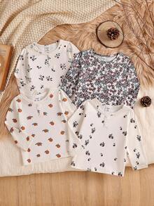 SHEIN Áo dài tay in hoa 4 món cho bé gái - Nhiều màu - Xem 1